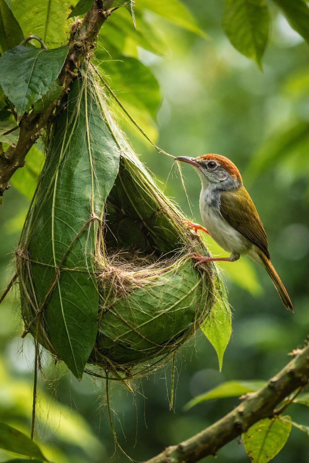 Tailorbird stitching its nest